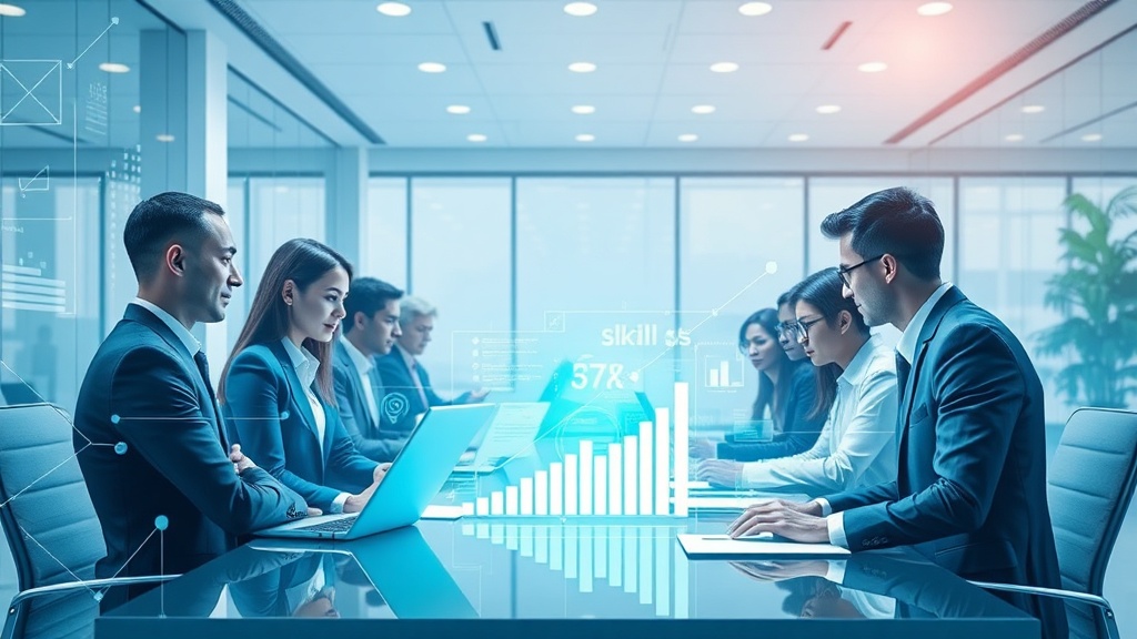 Ilustración tecnológica sobre talento empresarial con habilidades en IA y productividad en oficinas modernas